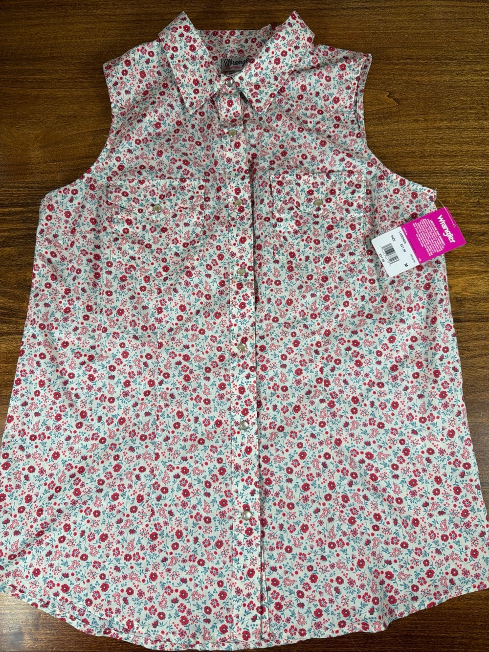 Wrangler Women’s Collared Sleeveless Floral Button-Down Shirt
